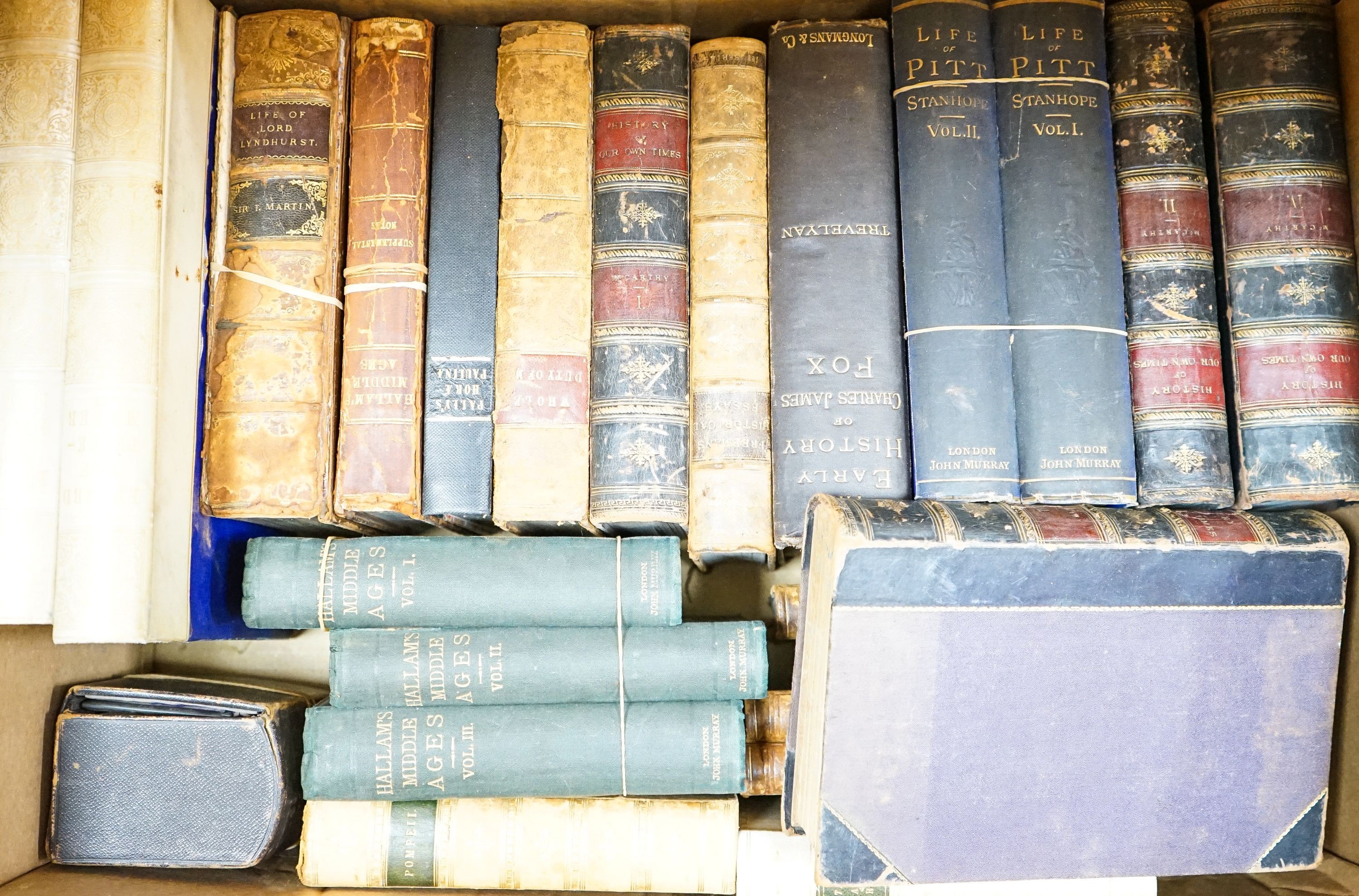 A collection of leather bound books, including The Truth of The Scripture 1796 to follow The Whole Duty of Man 1808 and Pompeii-Dyer 1875